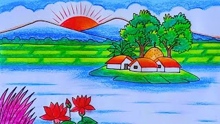 Prakitik Drisso Drawing  Simple Village Scenery Drawing  Easy Landscape Painting Step by Step [upl. by Cruickshank]