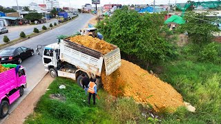 Nice Showing Action Machinery Working Land filling Bulldozer KOMATSU D31P Dump Truck unloading [upl. by Willey]