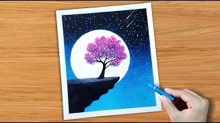 Drawing with oil pastel  Moonlight night scenery drawing shorts [upl. by Niltag566]