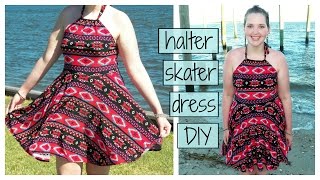 How to Make a Halter Top Skater Dress  Circle Skirt Dress Sewing Tutorial [upl. by Anyala201]