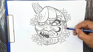 How to draw a hannya mask and Daruma connect design for tattoo drawing for tattoo modern [upl. by Malvina113]