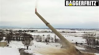 Sprengung 100mSchornstein Lafarge  blasting of 100m high smokestack  drone view  slow motion [upl. by Sible]