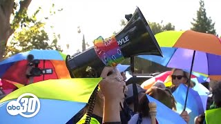 Westboro Baptist Church met with counterdemonstration outside Fresno high school [upl. by Booze]