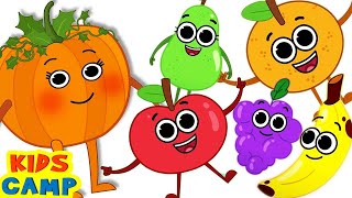 Five Little Fruits Jumping on the Bed  Fruit Song  Nursery Rhymes  KidsCamp [upl. by Mettah]