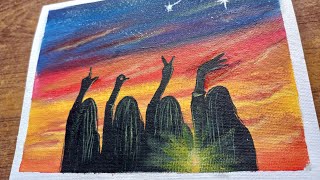 acrylic painting scenery 8 4 friends sistersfriends foreversunset Love relaxing tutorial [upl. by Ibloc428]