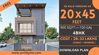 20x45 House Design 3D  900 Sqft  100 Gaj  4 BHK  Modern Design  Terrace Garden  6x14 Meters [upl. by Onifur]