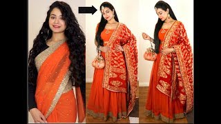 No Sew DIY  How to make Lehenga from Old Saree  How to wear Saree like Lehenga [upl. by Hsara]