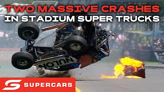 Two MASSIVE Stadium Super Truck Crashes In Adelaide  2024 Repco Supercars Championship [upl. by Icyak]