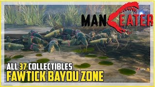 Maneater Fawtick Bayou All Collectible Locations Landmarks License Plates Nutrition Caches [upl. by Annailuj]