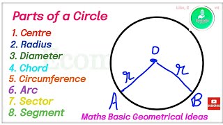 Parts of a circle  Radius  Diameter  Chord  Circumference  Sector  Arc  Segment  Part 1 [upl. by Kinghorn]