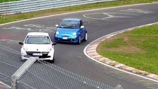 Clio 3 RS Nordschleife Onboard  behind a flaming and popping Fiat 500 [upl. by Shirk252]