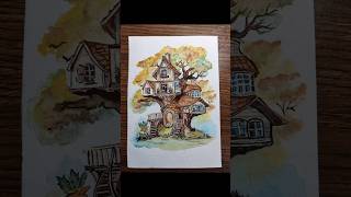 Tree House watercolourgallery watercolordrawing watercolourist watercolorpainting viralvideo [upl. by Alaehs]