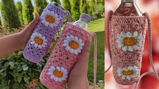 CROCHET BOTTLE HOLDER BOTTLE COVER CROCHET GRANNY SQUARE WITH DAISIES TIĞ İŞİ ŞİŞE KILIFI YAPIMI [upl. by Bogosian6]