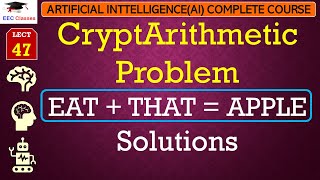 L47 CryptArithmetic Problem in Artificial Intelligence  EAT  THAT  APPLE Problem Solution [upl. by Rubia]