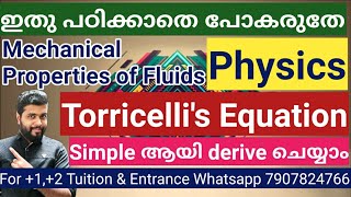 Mechanical Properties of Fluids Torricellis Equation Simple Derivation Plus one Physics [upl. by Nnaytsirk]