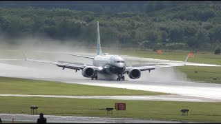 Boeing 737 MAX combat landing with spectacular reverse thrust on wet runway [upl. by Katonah]