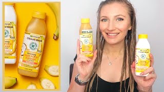 GARNIER HAIR FOOD BANANA amp COCONUT SHAMPOO amp CONDITIONER REVIEW [upl. by Eidoow]