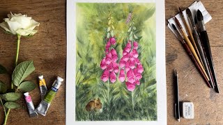 Paint SIMPLE SPRING WATERCOLOR FOXGLOVE FLOWERS amp MOTH Beginners Watercolour Landscape PAINTING DEMO [upl. by Russian]