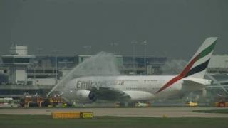 Emirates A380 Water Canon Salute Manchester UK [upl. by Cate]