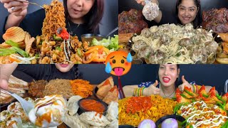 ASMR EATING SPAGHETTI MEATBALLS ROASTED CHICKEN PASTA PANEER PIZZA SAMOSA MOMO MANCHURIAN DAHI PURI [upl. by Dlorrej]