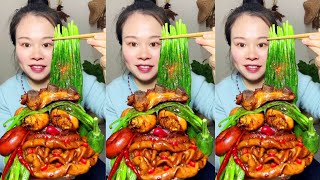 Yummy Spicy Food Mukbang Eat Braised Pork Ribs With Pig Intestines And Green Vegetables asmr food [upl. by Kennan]