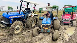 3 tractor Pulling together Mahindra Arjun NOVO 605 di 4wd Stuck in Mud Eicher 485  New Hollad 5500 [upl. by Yajet]