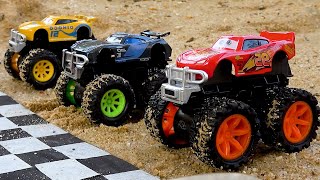 Disney cars lightning mcqueen and friends chasing on sand funny stories toys car [upl. by Eidualc]