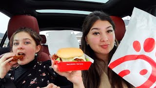 CHICKFILA MUKBANG w Sister  Deluxe Spicy Chicken Sandwich Spicy Chicken Strips [upl. by Tessi]