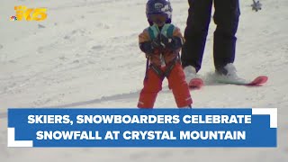 Skiers and snowboarders celebrate new snowfall at Crystal Mountain [upl. by Atyekram393]