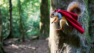 A squirrel wearing a cape leaping between tree branches like a superhero [upl. by Ennahgiel]