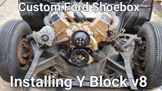 Ford Y block v8 engine in 1950 Ford shoebox  Making custom engine mounts and installing [upl. by Durant308]