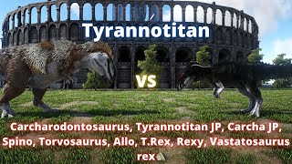 Tyrannotitan vs carcharodontosaurus and more arkJPE creatures battle [upl. by Awe]