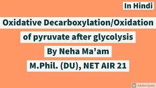 Oxidative decarboxylationOxidation of Pyruvate after glycolysis In Hindi CSIR NET Life Sciences [upl. by Thor83]