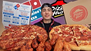 MUKBANG EATING Pizza Hut Pepperoni Pan Pizza vs Dominos Pepperoni Pan Pizza  Wings [upl. by Thorman]