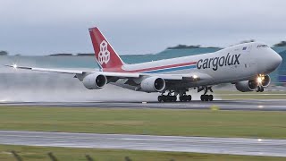 Cargolux Boeing 7478F HEAVY amp WET Takeoff at Prestwick Airport [upl. by Nnylarac131]