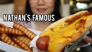 ASMR Nathans Famous Chili Cheese Dog and Fries EATING SOUND Las Vegas MUKBANG [upl. by Atikam]