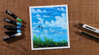 Beautiful Blue Sky with Clouds  Drawing with Oil Pastels  Step by Step [upl. by Elyak849]