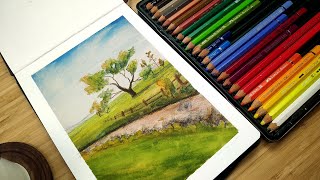 Watercolor pencils landscape painting tutorial [upl. by Nodmac]