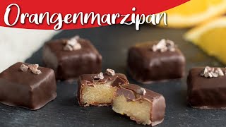 Orangenmarzipan Pralinen  einfache Pralinen selber machen ohne Form  Marzipan Schnittpraline [upl. by Earvin]