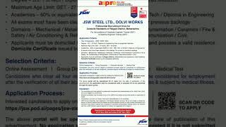 JSW Steel Limited Bharti 2024  Opportunity for Engineers jsw [upl. by Tam]