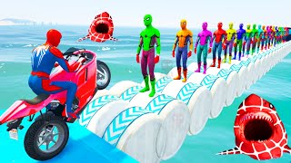 الأبطال الخارقين على القضبان دوامة قمع جسر  SPIDERMANon Motorcycle in Spiral Bridge Stunt Ride [upl. by Adlay357]