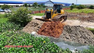 Amazing power bulldozer starts pushing new project landfill with dump trucks [upl. by Ihcur]