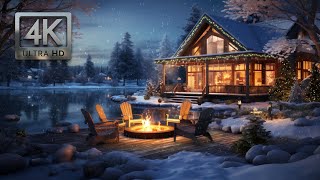 Cozy Winter House Christmas Ambience Snow Falling Crackling Fireplace amp Soft Wind [upl. by Enael133]