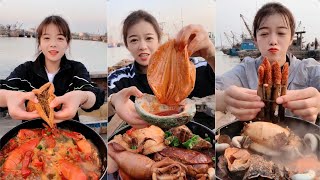 female fishermen eat lobster king crab abalone squid scallop conch starfish razor clamyummy [upl. by Notlaw]