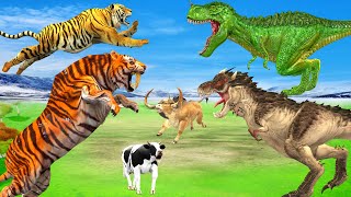 4 Sabertoothed tigers VS TRex Dinosaur Attack Cow Videos  Smilodon vs Trex Animal Revolt Tv [upl. by Summers45]