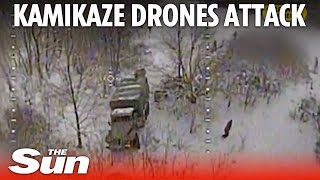 Ukraine kamikaze drones strike Russian trucks burst into flames [upl. by Rufford]