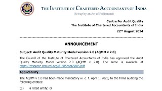 Audit Quality Maturity Model Version 20 AQMM v 20 icai icaiannouncement icaiimportantupdates [upl. by Brechtel]