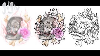 Tattoo Design Composition on Photoshop  Rose Flames Skull and Cross Bones [upl. by Saberhagen]