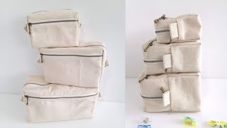 เย็บกระเป๋าเครื่องสำอาง 3 ไซส์ กระเป๋าผ้าซิปคู่ จัดเก็บของใช้ Sewing Double Zipper Boxy Bag Tutorial [upl. by Iow179]