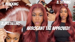 SLAY LIKE ARROGANT TAE EXCLUSIVE TIPS FOR PLUCKING INSTALLING AND STYLING FT MEGA LOOKS RED WIG [upl. by Bound]